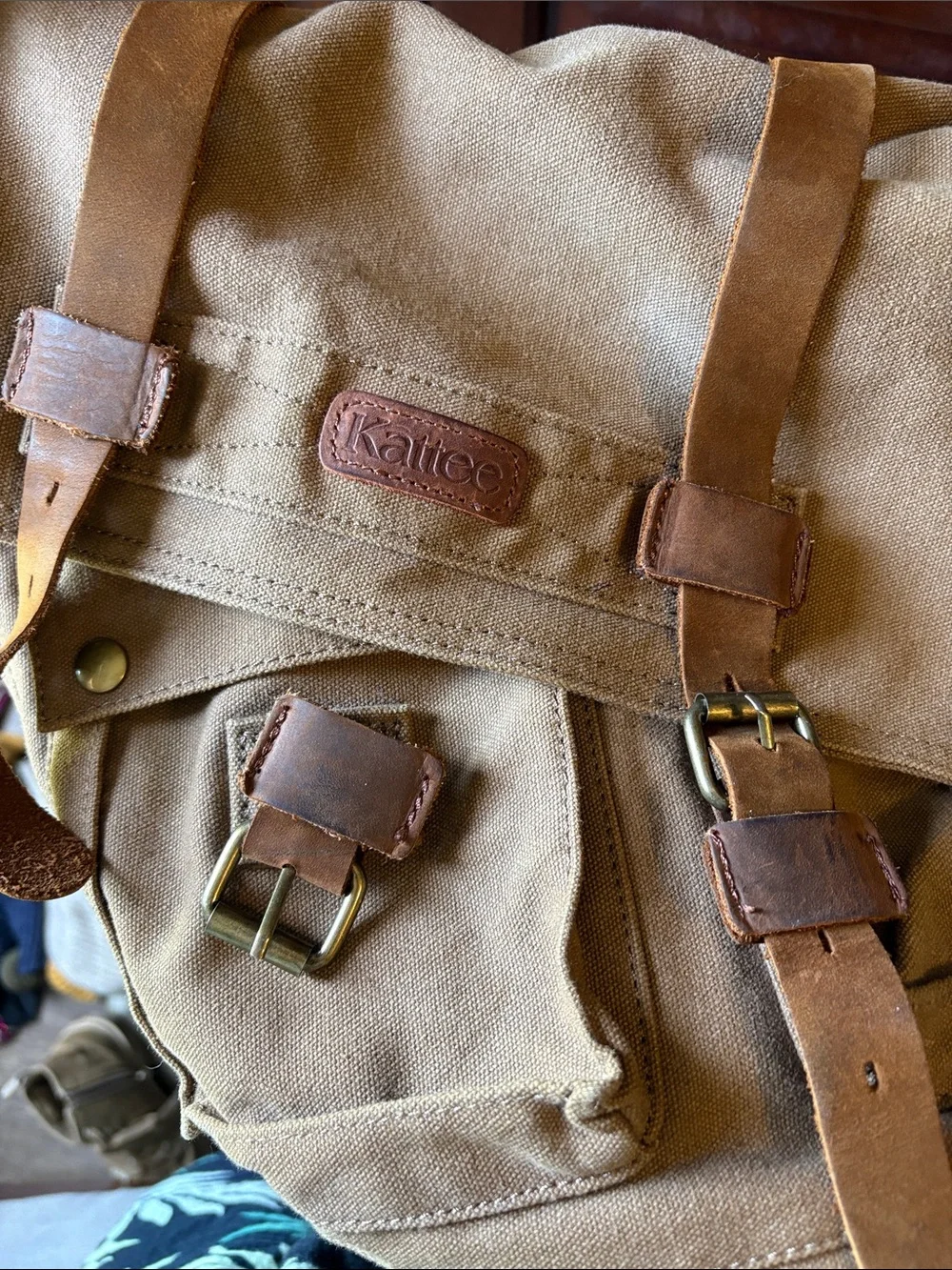 Kattee genuine leather heavy duty canvas messanger bag khaki